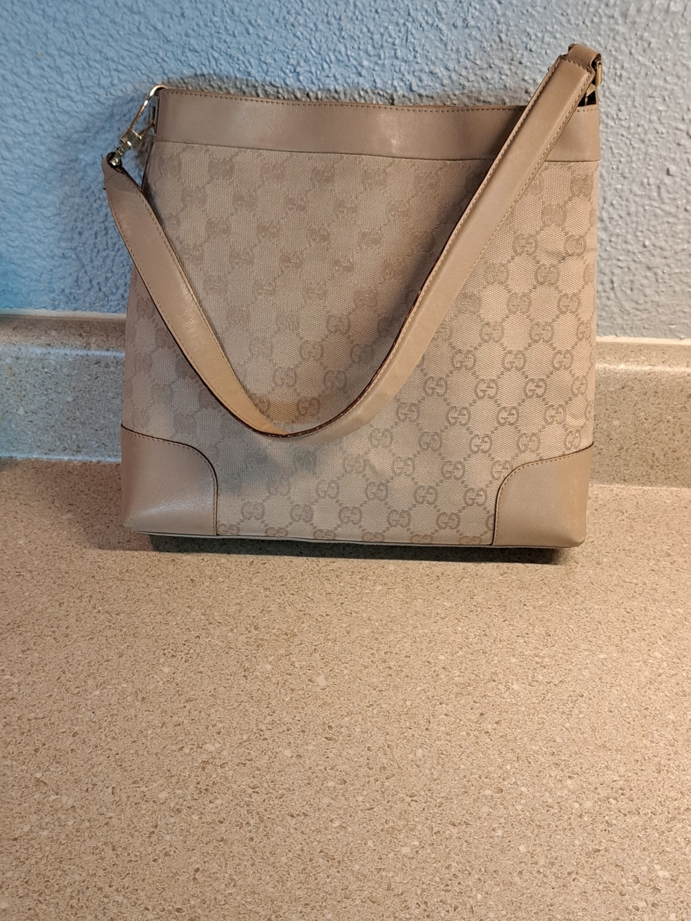 Gucci Beige Monogram Canvas Shoulder Bag with Gold Hardware